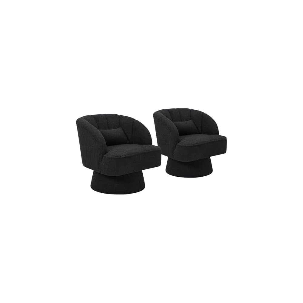 Set of 2 Modern Teddy Fabric Swivel Barrel Chairs, 360° Rotating Lounge Armchairs with Striped Backrest and Soft Cushion, Comfy Accent Chairs for Living Room, Bedroom, or Reading Nook, Black