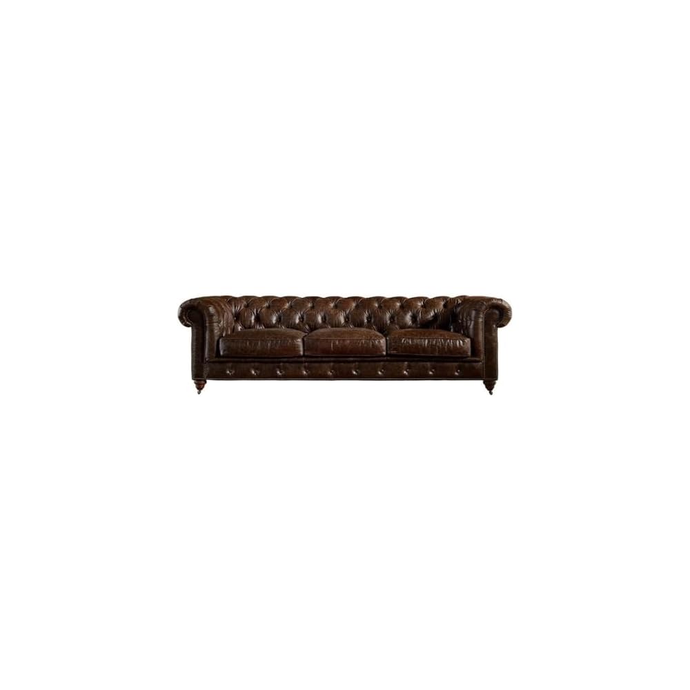 Pemberly Row Top Grain Leather Fully Assembled Chesterfield 95" Leather Sofa in Brown Finish, Full-Size Living Room Seating, Upholstered Leather Sofa for Residential or Commercial Use