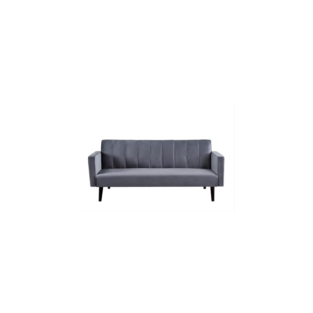 Container Furniture Direct 72" Velvet Convertible Futon Sofa Bed - Full Out Twin Sleeper Couch w/Channel Stitch, Wood Frame & High-Density Foam - Space-Saving for Apartments/Dorms, Grey