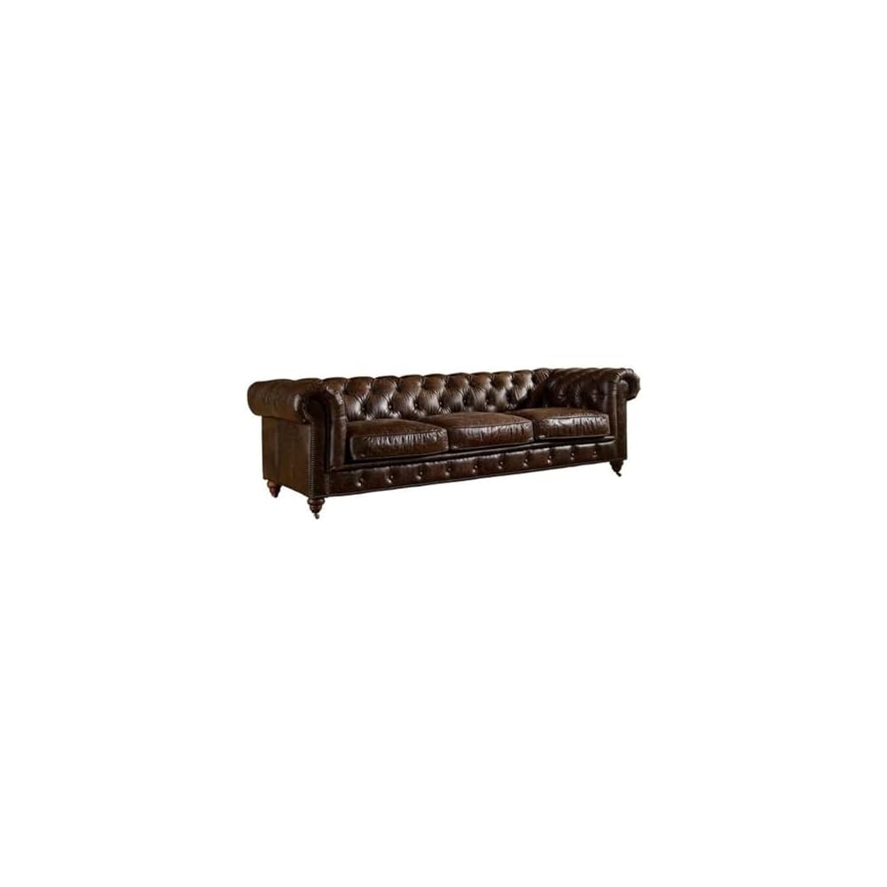 Pemberly Row Top Grain Leather Fully Assembled Chesterfield 95" Leather Sofa in Brown Finish, Full-Size Living Room Seating, Upholstered Leather Sofa for Residential or Commercial Use