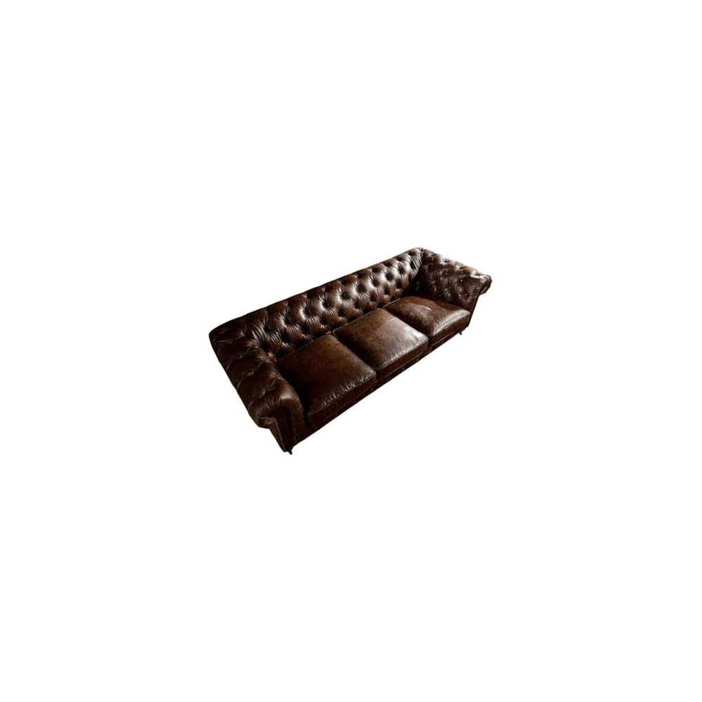 Pemberly Row Top Grain Leather Fully Assembled Chesterfield 95" Leather Sofa in Brown Finish, Full-Size Living Room Seating, Upholstered Leather Sofa for Residential or Commercial Use
