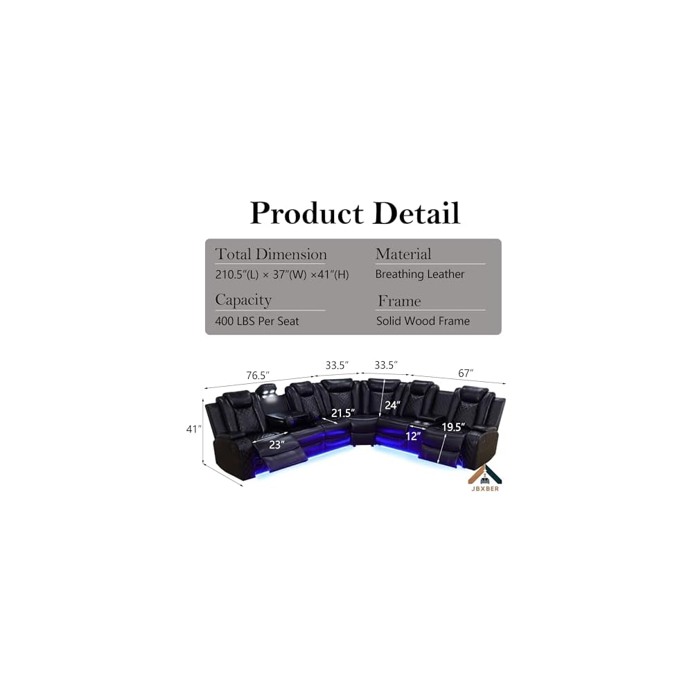 Power Recliner Sectional Sofa Set for Living Room, Leather Recliner Sofa Sets, L-Shaped Corner Sectional Couch Sets with LED Lights, Console Storage(Sectional,Black)