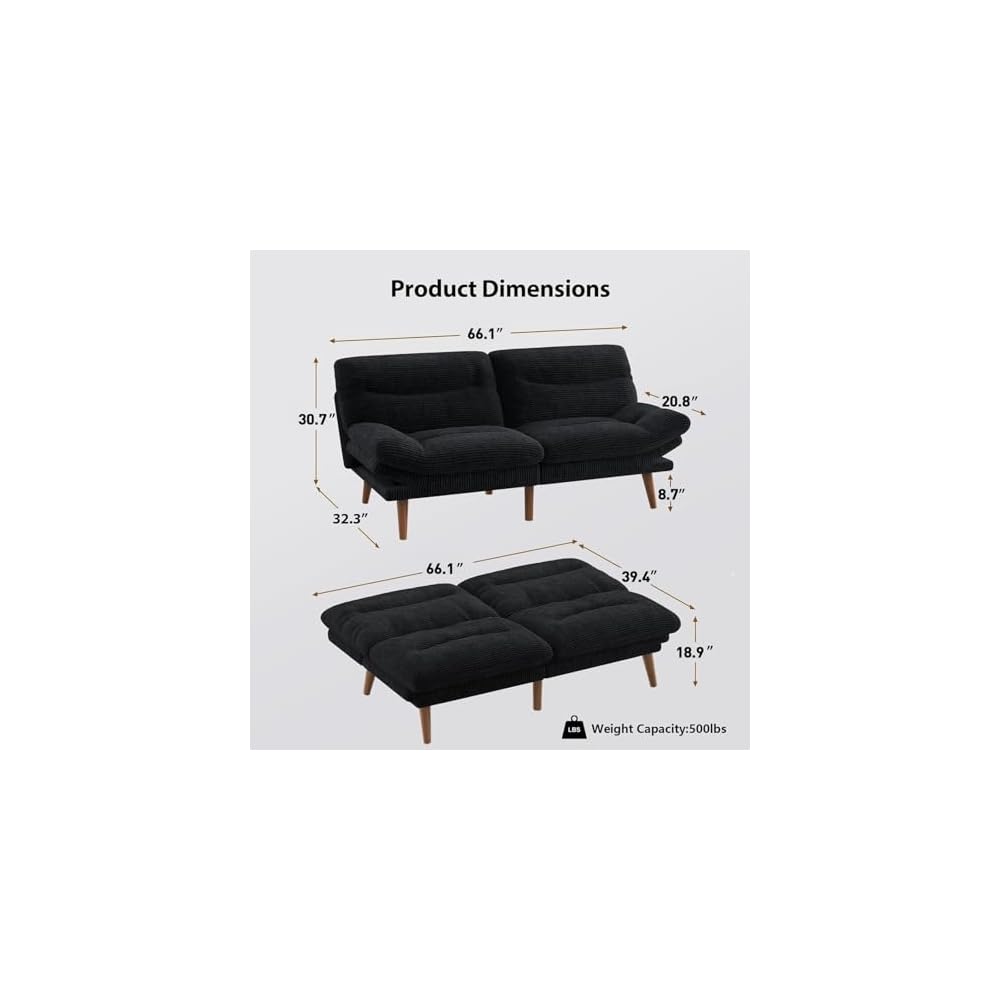 Pipishell 66" Futon Sofa Bed, Convertible Corduroy Space-Saver Couch with Adjustable Back & Armrests, Recliner Sleeper for Small Apartments, Office, Guest Room (Black)