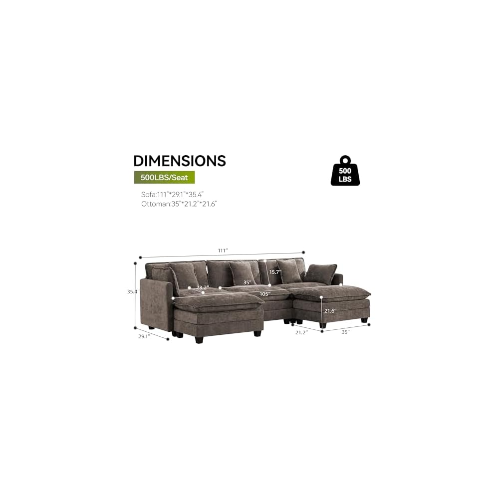 3-Seater Cloud Couch with 2 Ottomans, Oversized Modular Sectional U Shaped Sofa with Deep Seat Cushions, Comfy Chenille Couch for Living Room, Brown