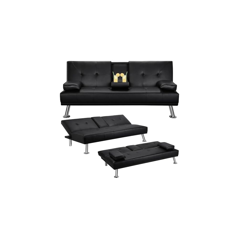 Convertible Folding Futon Sofa Bed with Metal Legs & 2 Cupholders, (Black)