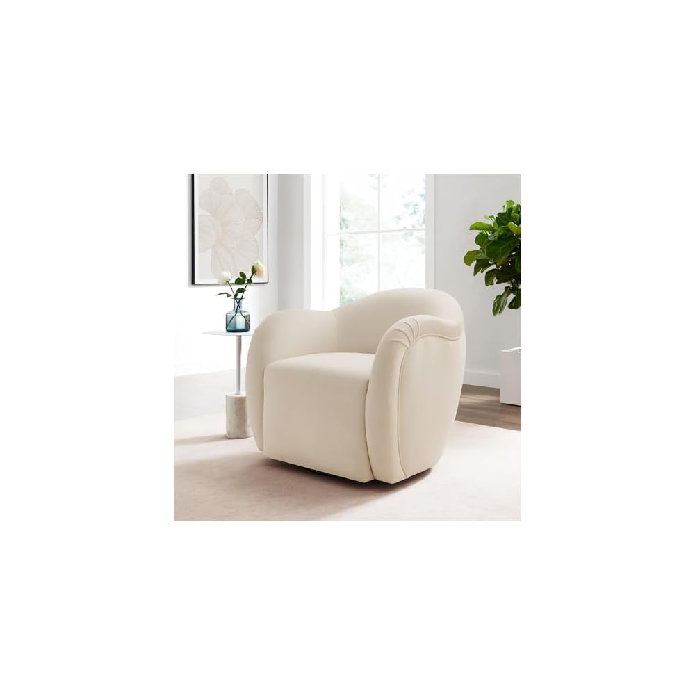 Modway Compose Performance Velvet Swivel Armchair in Alabaster - Barrel Accent Chair - Comfy Round Single Sofa Chair with 360° Rotation - Modern Upholstered Club Chair for Living Room, Bedroom