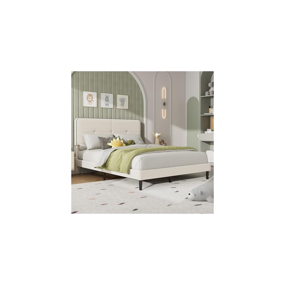 IDEALHOUSE Queen Size Platform Bed Frame with Velvet Headboard, White