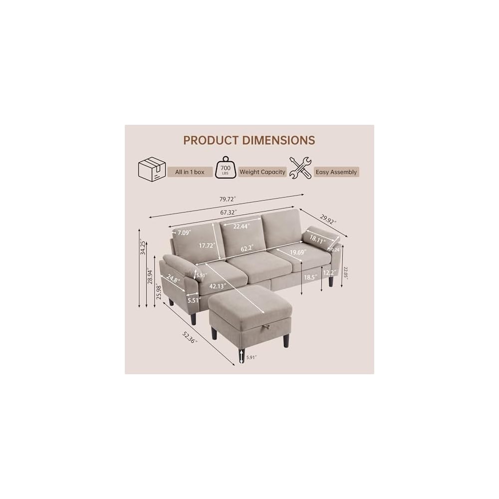 Sectional Sofa for Living Room, 80" L Shaped 3 Seater Couch with Movable Storage Ottoman Armrest Pillows, Polyster Fabre Comfy Sofa for Small Spaces, Beige