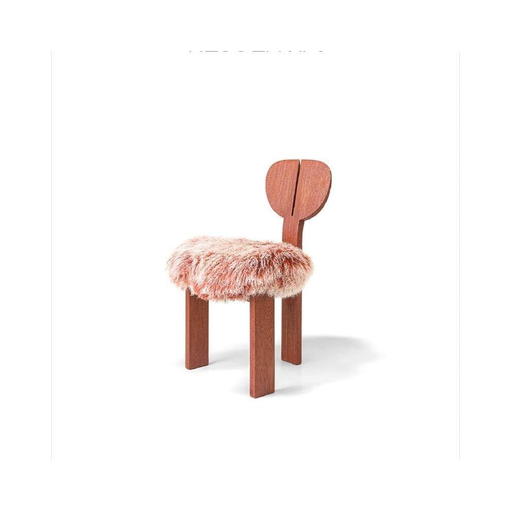 Vintage Solid Wood Vanity Chair with Faux Fur Seat, Artistic Accent Dining Chair, Minimalist Makeup Chair for Bedroom, Living Room