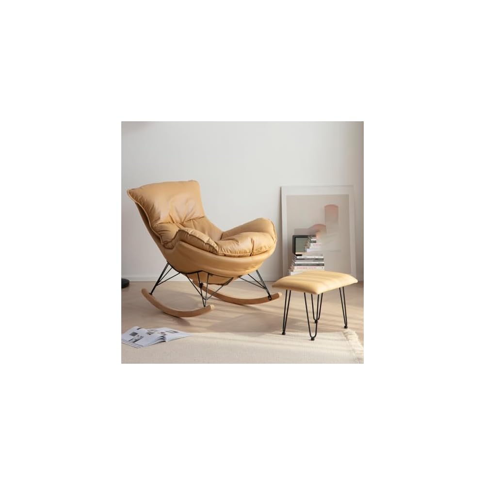 Leisure Sofa Rocking Chair and Footstool, Modern Armless Chair Recliner Chair,Sofa Chair for Bedroom,Balcony, Comfortable  Chair with Seat Cushion (Color : /Khaki, Size : with