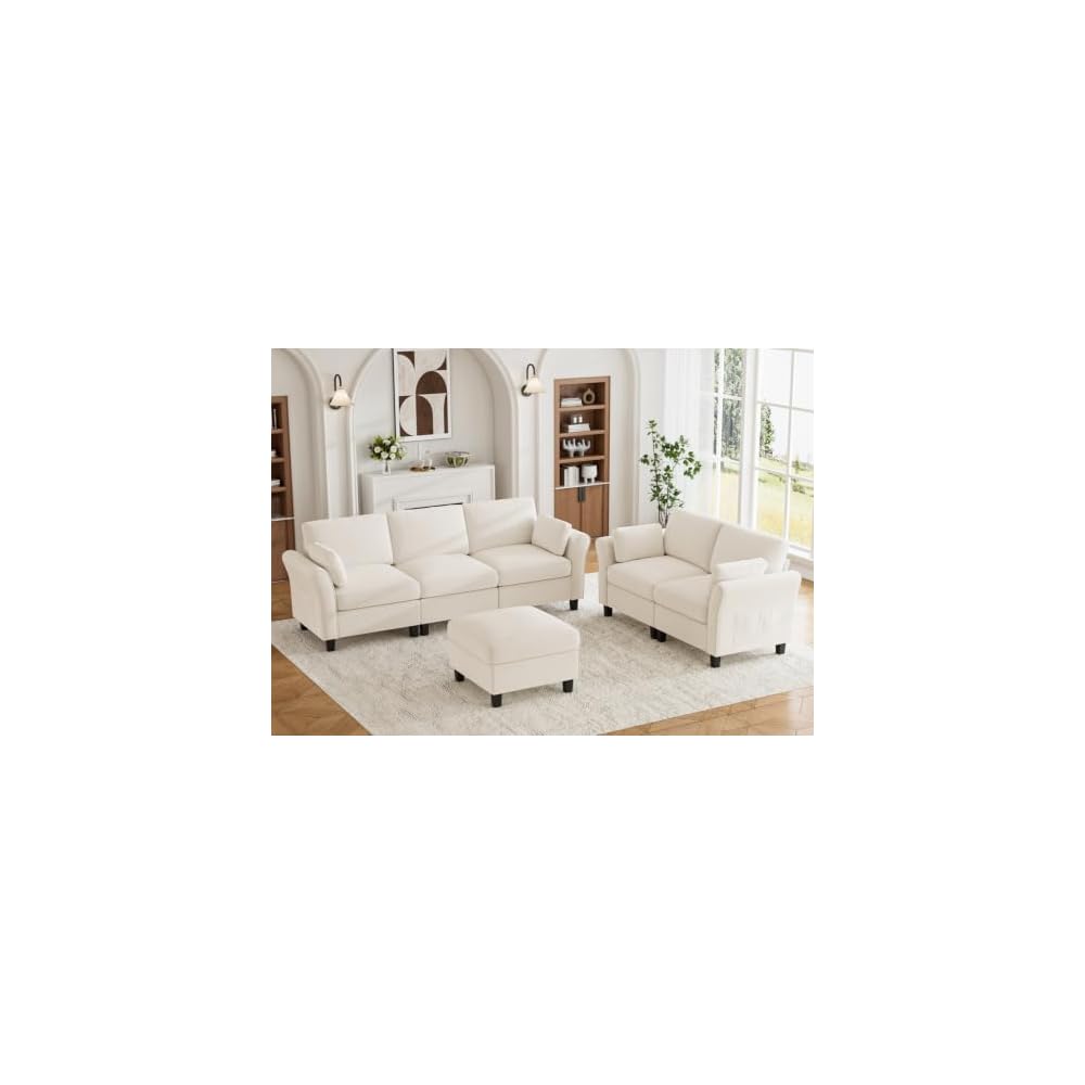 Legend Vansen Modular Sectional Sofa, 6‑Seat Comfy U‑Shaped Sectional Couch with Storage Space and Chaise, Convertible Sectional Couches for Living Room,Sofas Set with Curved Armrests,Cream