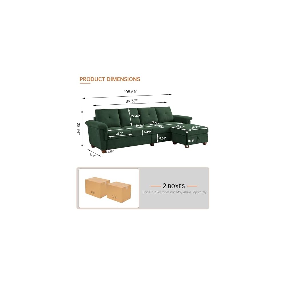 Sectional Sofa, L Shaped Couches for Living Room, Green