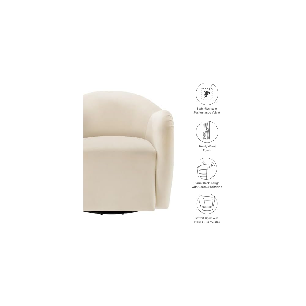 Modway Compose Performance Velvet Swivel Armchair in Alabaster - Barrel Accent Chair - Comfy Round Single Sofa Chair with 360° Rotation - Modern Upholstered Club Chair for Living Room, Bedroom