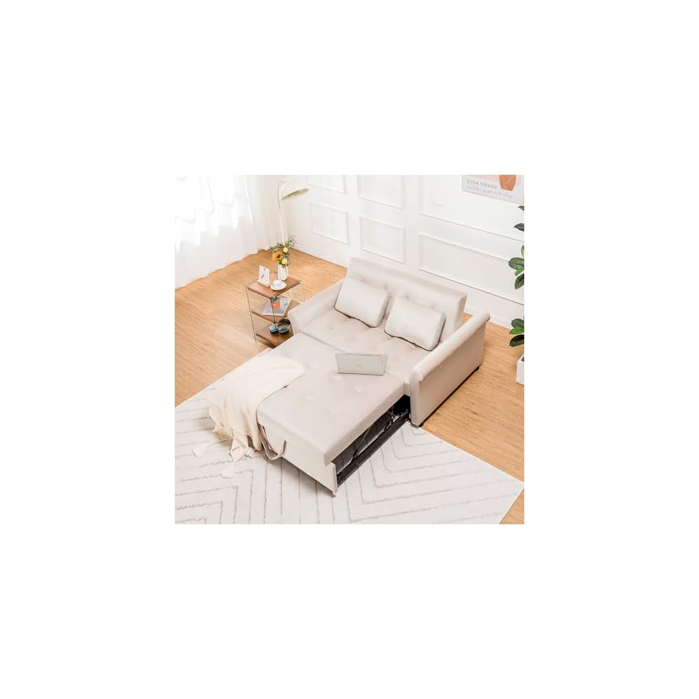 COMHOMA Convertible Sofa Bed,55" Sleeper Sofa Bed, 3-in-1 Pull Out Couch Bed with Reclining Backrest and Pillows, Full Convertible Sleeper Loveseat for Living Room (White)