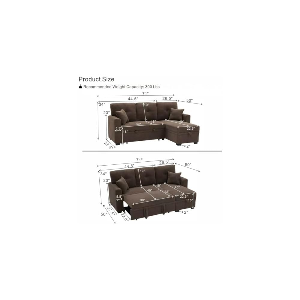 71" L-Shaped Couch with Pull-Out Bed, Linen-Look Fabric, Brown