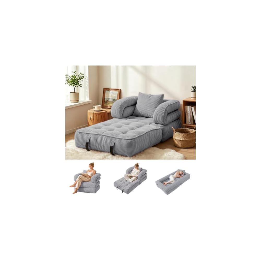Folding Sofa Bed, Convertible Sleeper Chair with Armrests for Adults, Foldable Corduroy Boneless Bed, 3-in-1 Portable Futon Couch Floor Sofa with Pillow for Bedroom, Living Room, Gray