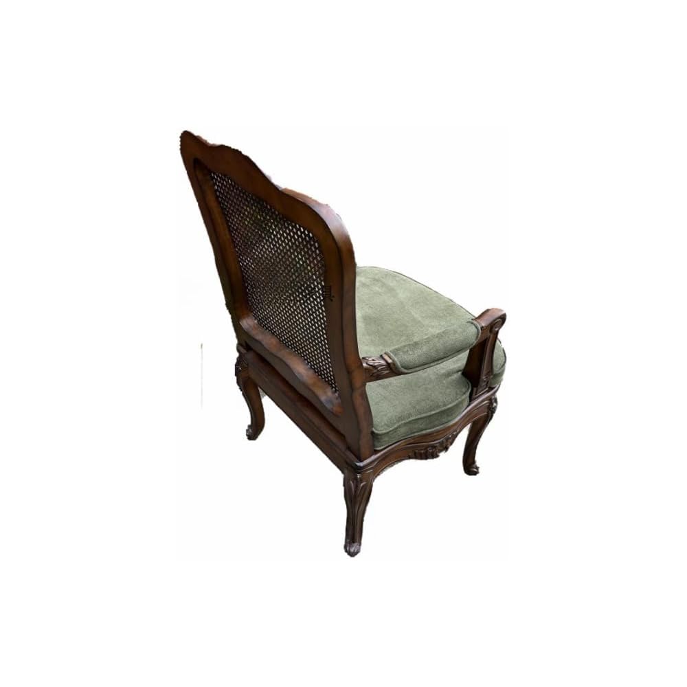 Vintage Rattan Accent Armchair – Solid Wood Upholstered Lounge Chair with Cane Back for Living Room, Reading Nook