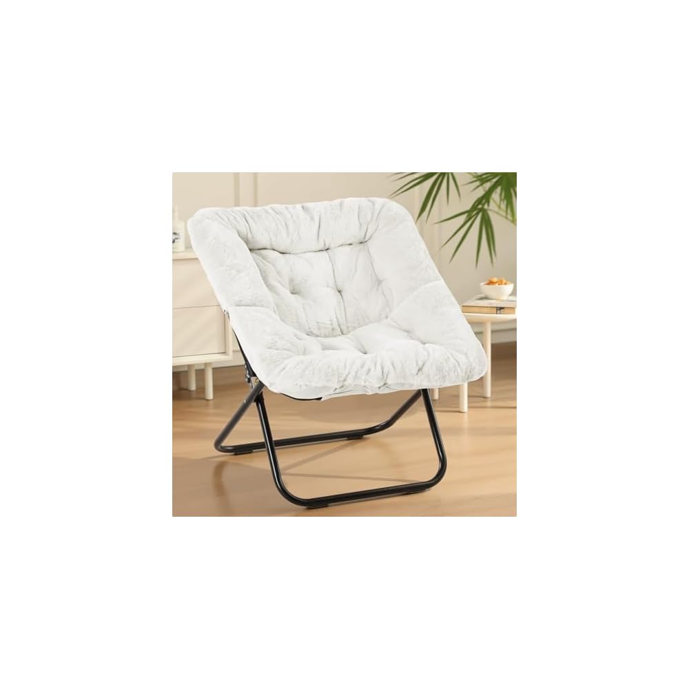 Sweetcrispy Saucer Chairs, Comfy Folding Cozy Faux Fur Living Room Reading Lounge Chair with Soft Thick Padded Seat & Metal Frame Modern Style Bedroom Home Dorm for Kids Adults, X-Large - Peach