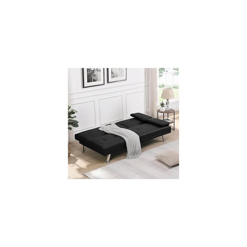 Convertible Folding Futon Sofa Bed with Metal Legs & 2 Cupholders, (Black)