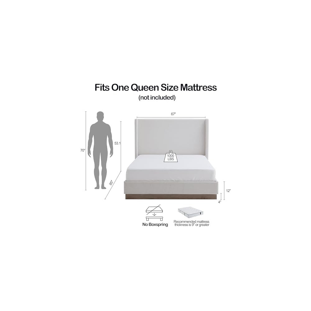53.1" Extra-Tall Wingback Bed Frame - Luxury Cream White Boucle Upholstered Platform Bed with Gray Oak Wood Base, Heavy Duty 1000lbs, No Box Spring Needed, Noise-Free (Queen)