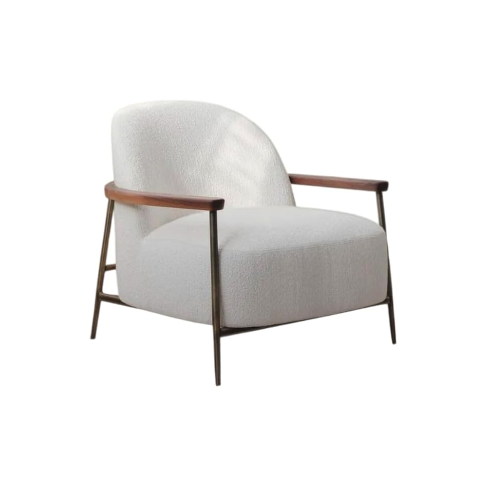 Modern Bouclé Accent Chair with Metal Frame and Wood Armrests, Upholstered Lounge Armchair, Contemporary Leisure Chair for Living Room, Bedroom, Office (White)