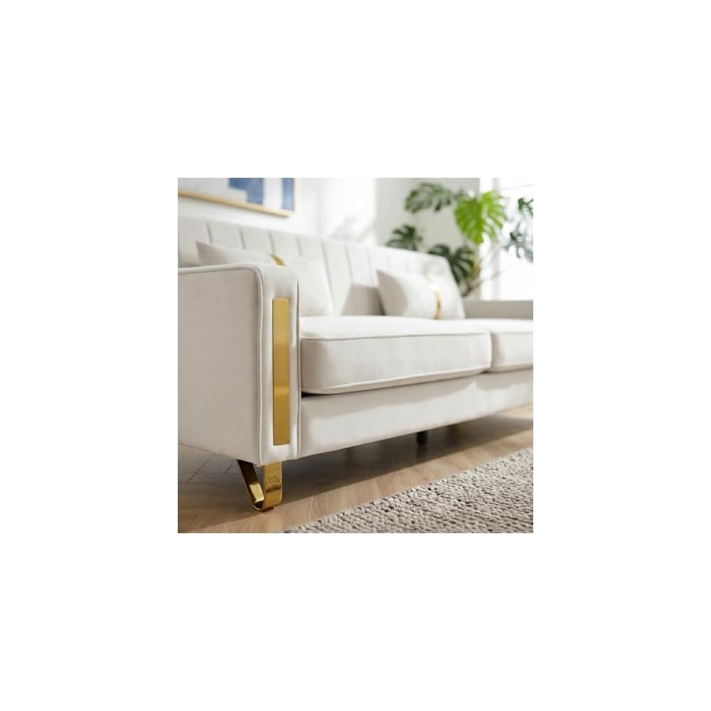 85" Sofa Couch,Velvet Sofa with 2 Pillows & Gold Legs,750 LBs Sturdy Frame Modern Couch for Bedroom,Apartment,Office