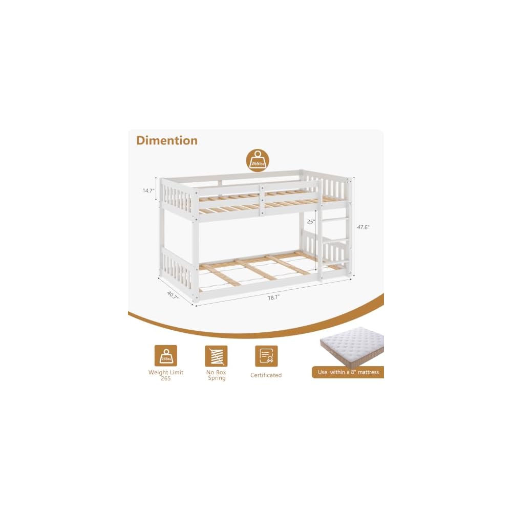 JOYMOR Solid Wood Low Twin Over Twin Bunk Bed for Kids/Junior, Bunk Bed Frame with Guardrails & Ladder for Boys Girls, No Box Spring Needed (White)