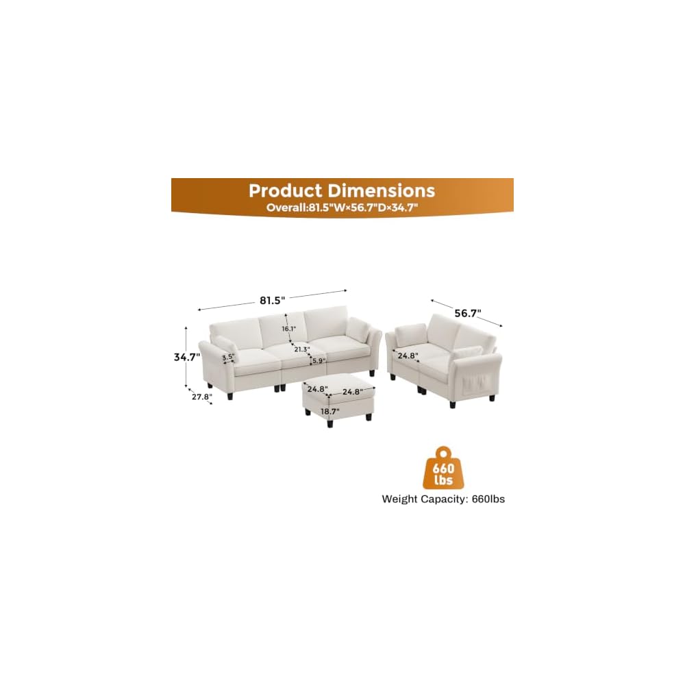 Legend Vansen Modular Sectional Sofa, 6‑Seat Comfy U‑Shaped Sectional Couch with Storage Space and Chaise, Convertible Sectional Couches for Living Room,Sofas Set with Curved Armrests,Cream