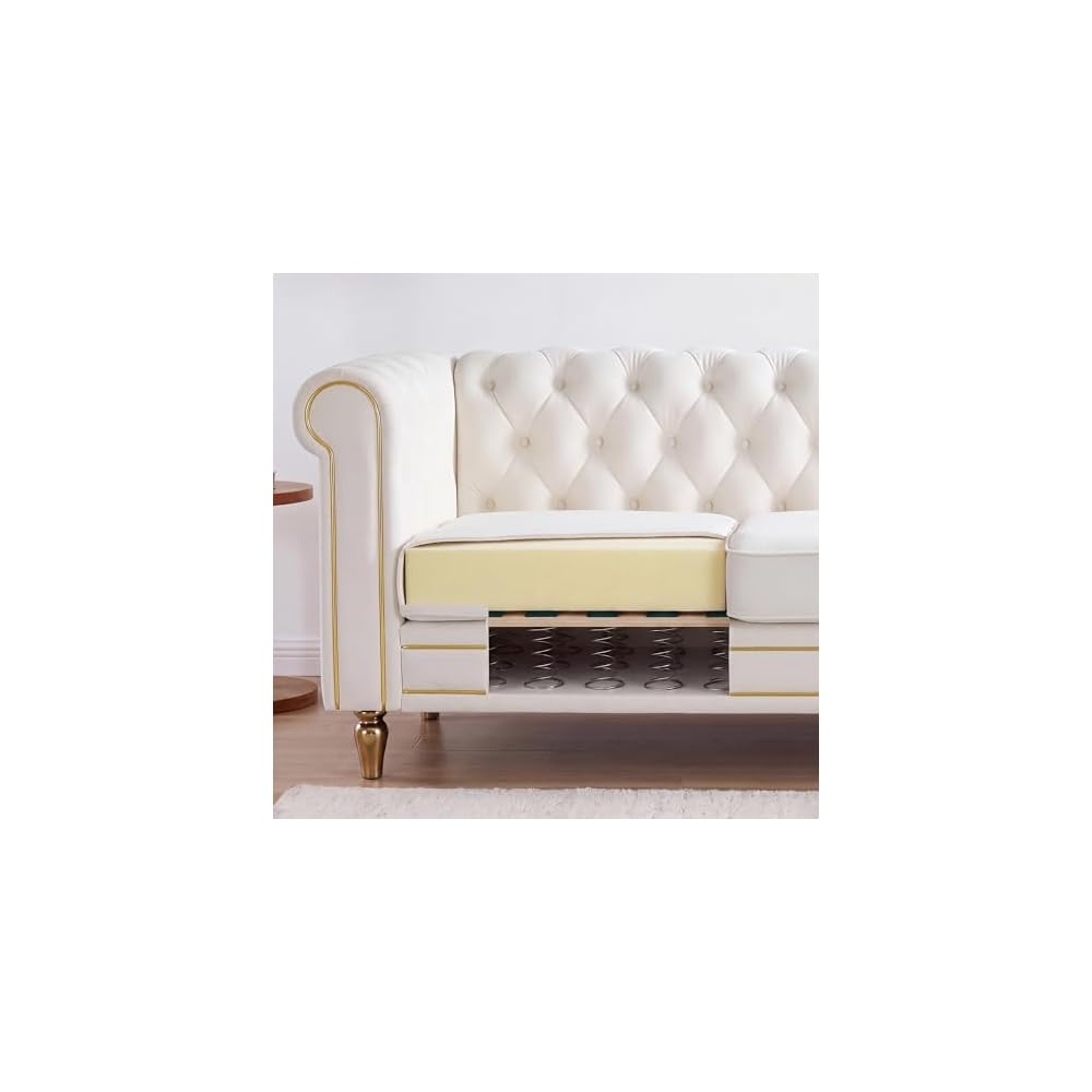 84'' Velvet Chesterfield Sofa,3 Seater Mid-Century Modern Couch,Beige