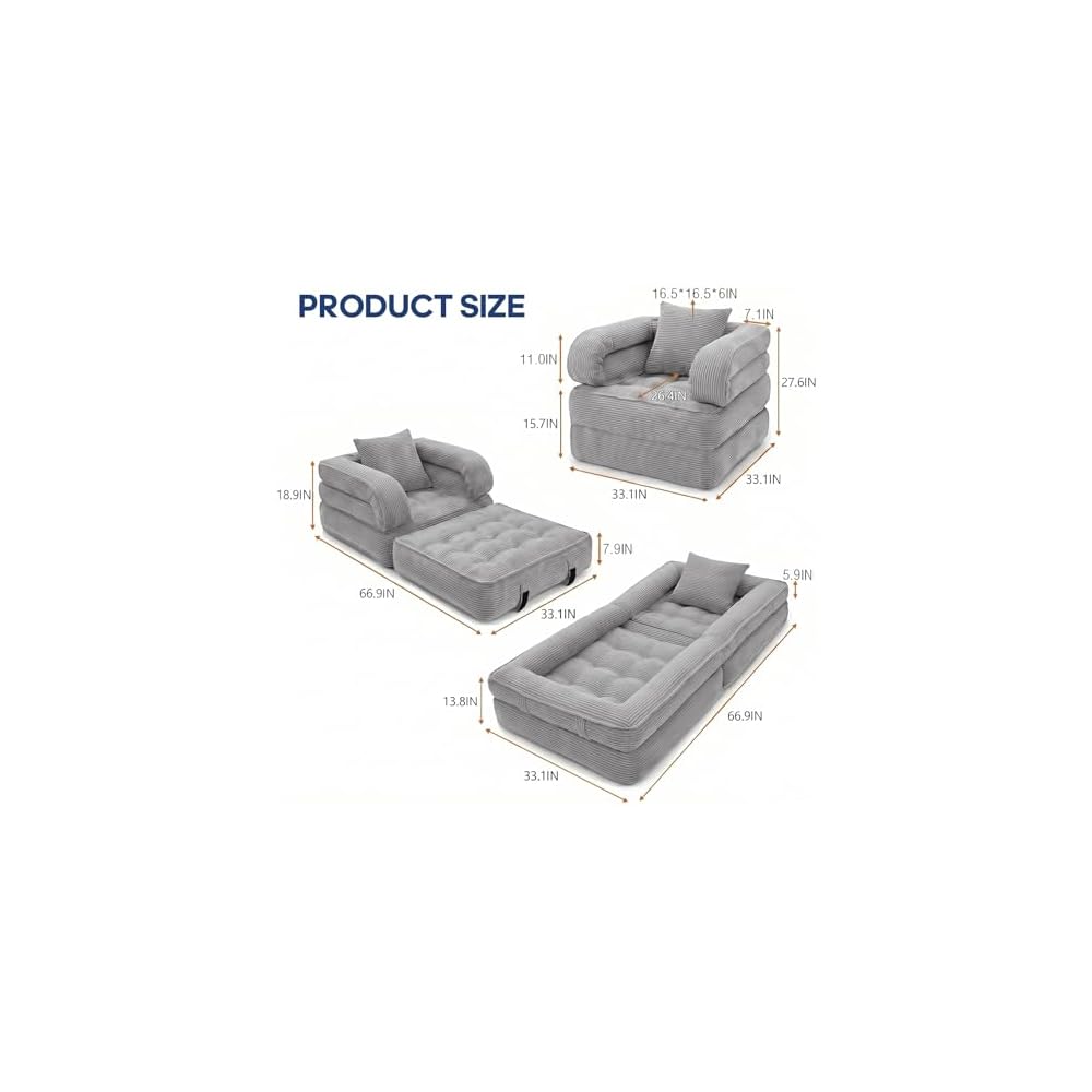 Folding Sofa Bed, Convertible Sleeper Chair with Armrests for Adults, Foldable Corduroy Boneless Bed, 3-in-1 Portable Futon Couch Floor Sofa with Pillow for Bedroom, Living Room, Gray