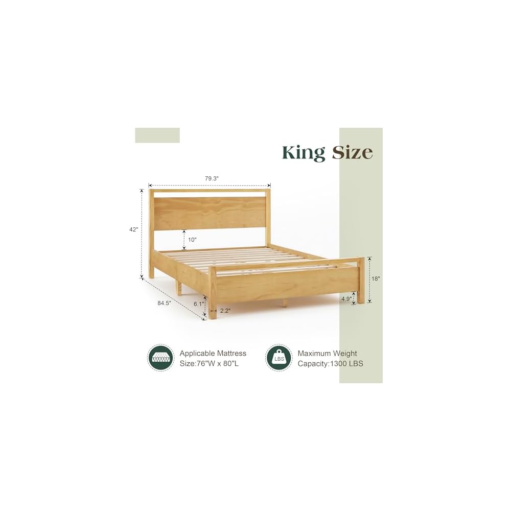 AMERLIFE Minimalist King Size Solid Wood Bed Frame with Headboard