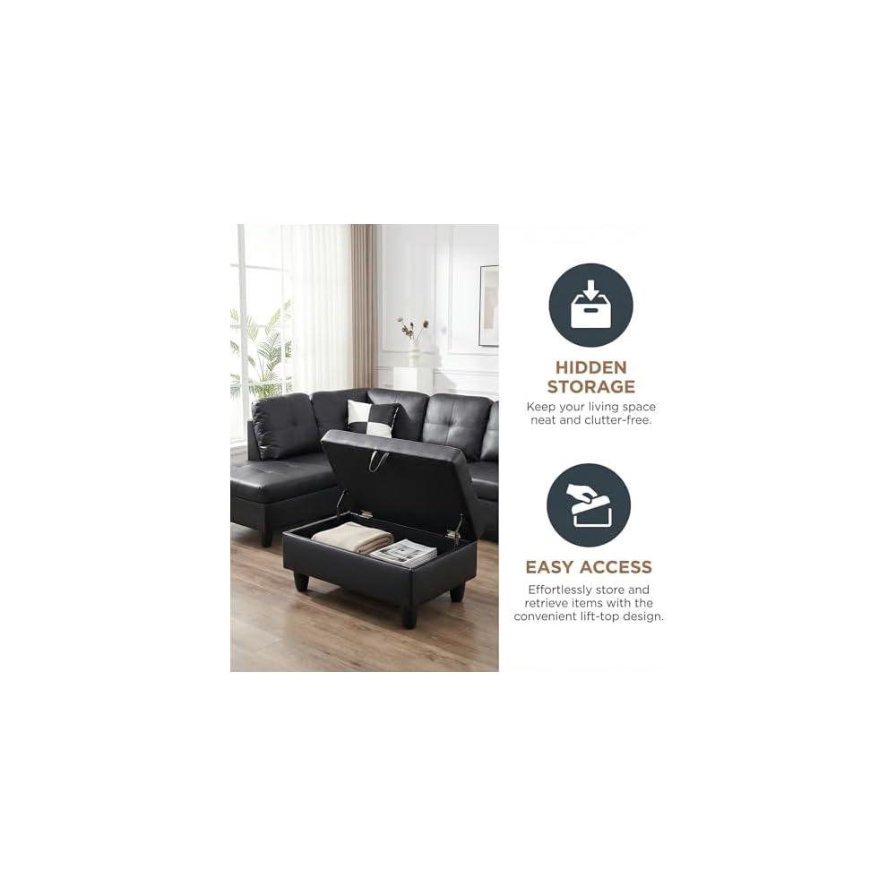 103.5" Modular Leather Sectional Sofa, 4-Seat L-Shaped Couch with Chaise & Storage Ottoman, 3-Piece Convertible Living Room Furniture Set for Apartment Office, Black