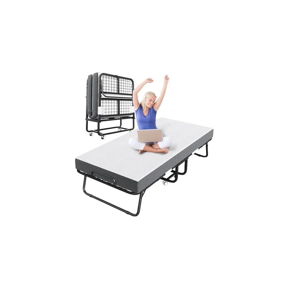 Folding Bed with Mattress, Portable Rollaway Bed for Adults - Foldable Cot Size Bed Frame with 5" Memory Foam Mattress and Storage Cover, Guest Day Bed with Metal Fold Up Bed on Wheels, 75"x31"