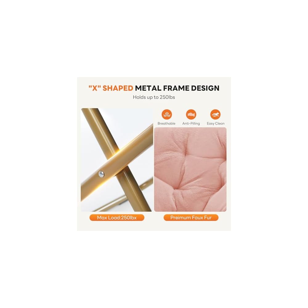 Sweetcrispy Saucer Chairs, Comfy Folding Cozy Faux Fur Living Room Reading Lounge Chair with Soft Thick Padded Seat & Metal Frame Modern Style Bedroom Home Dorm for Kids Adults, X-Large - Peach