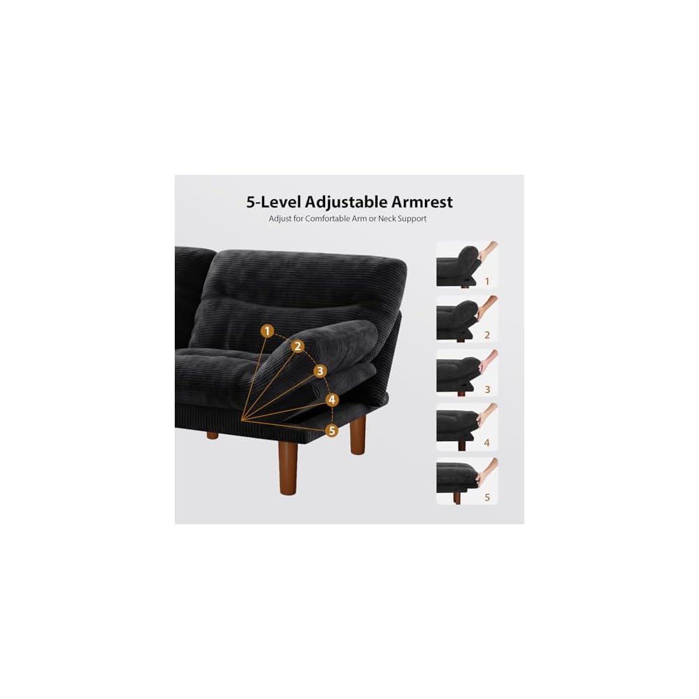 Pipishell 66" Futon Sofa Bed, Convertible Corduroy Space-Saver Couch with Adjustable Back & Armrests, Recliner Sleeper for Small Apartments, Office, Guest Room (Black)
