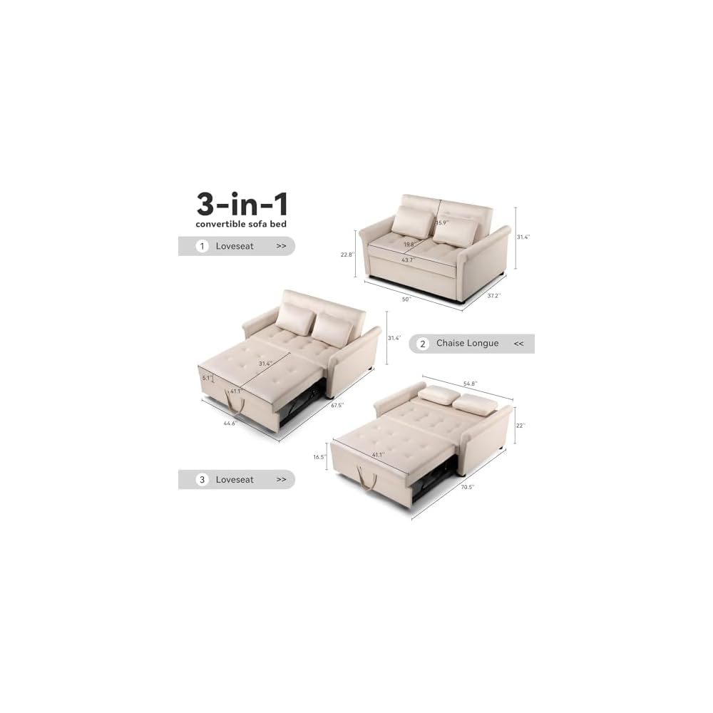 COMHOMA Convertible Sofa Bed,55" Sleeper Sofa Bed, 3-in-1 Pull Out Couch Bed with Reclining Backrest and Pillows, Full Convertible Sleeper Loveseat for Living Room (White)