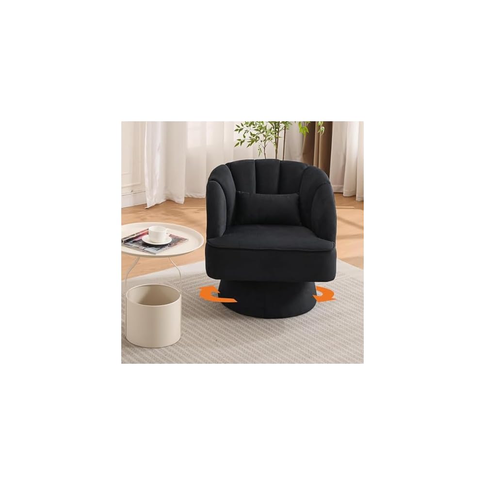 Set of 2 Modern Teddy Fabric Swivel Barrel Chairs, 360° Rotating Lounge Armchairs with Striped Backrest and Soft Cushion, Comfy Accent Chairs for Living Room, Bedroom, or Reading Nook, Black
