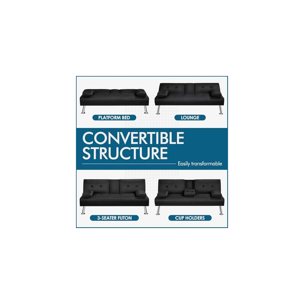Convertible Folding Futon Sofa Bed with Metal Legs & 2 Cupholders, (Black)