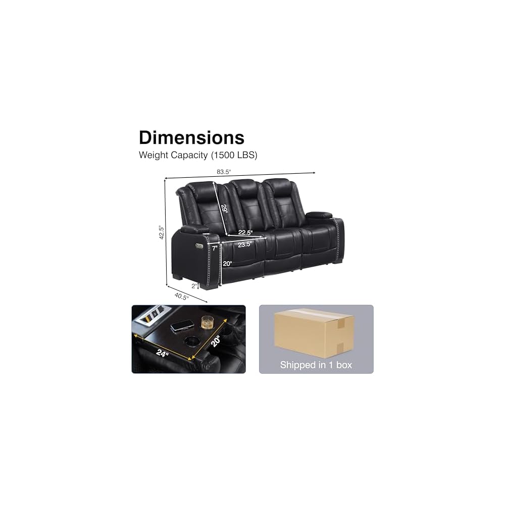 3 Seats Black PU Breather Leather Power Recliner Sofa for Living Room.
