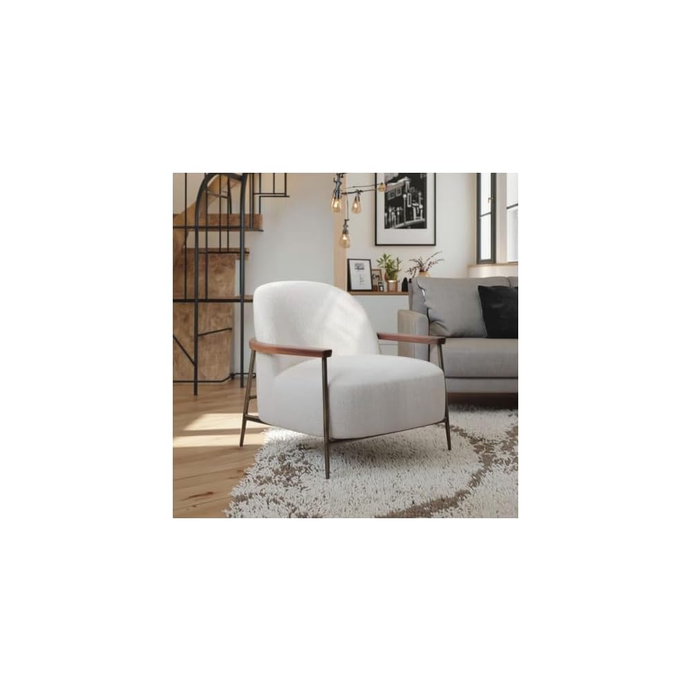 Modern Bouclé Accent Chair with Metal Frame and Wood Armrests, Upholstered Lounge Armchair, Contemporary Leisure Chair for Living Room, Bedroom, Office (White)