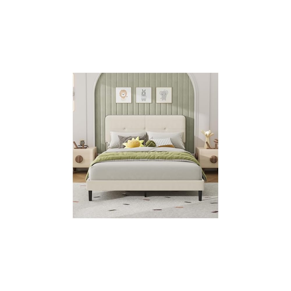 IDEALHOUSE Queen Size Platform Bed Frame with Velvet Headboard, White