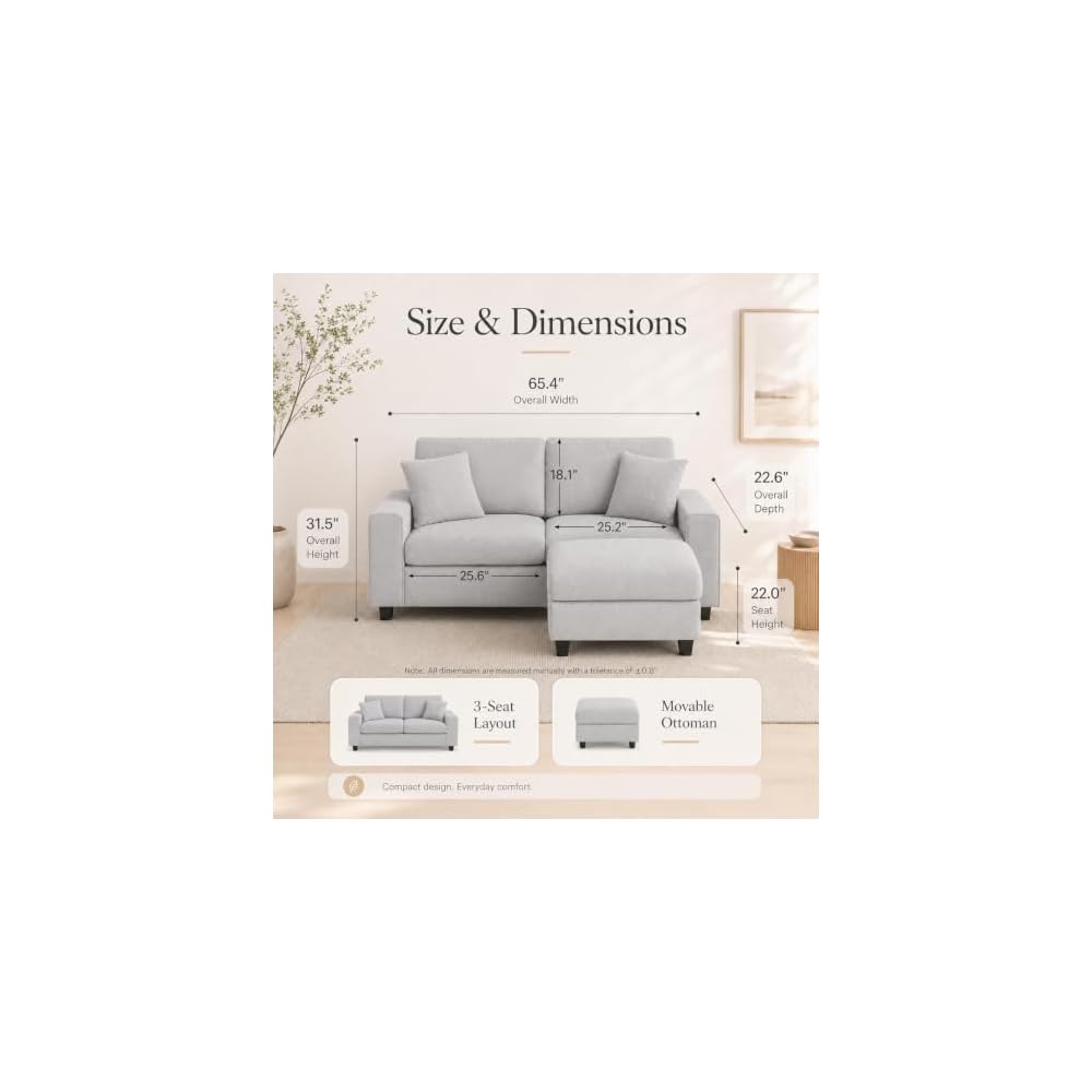 Garvee L Shaped Sectional Sofa with Ottoman, Small Couch for Living Room