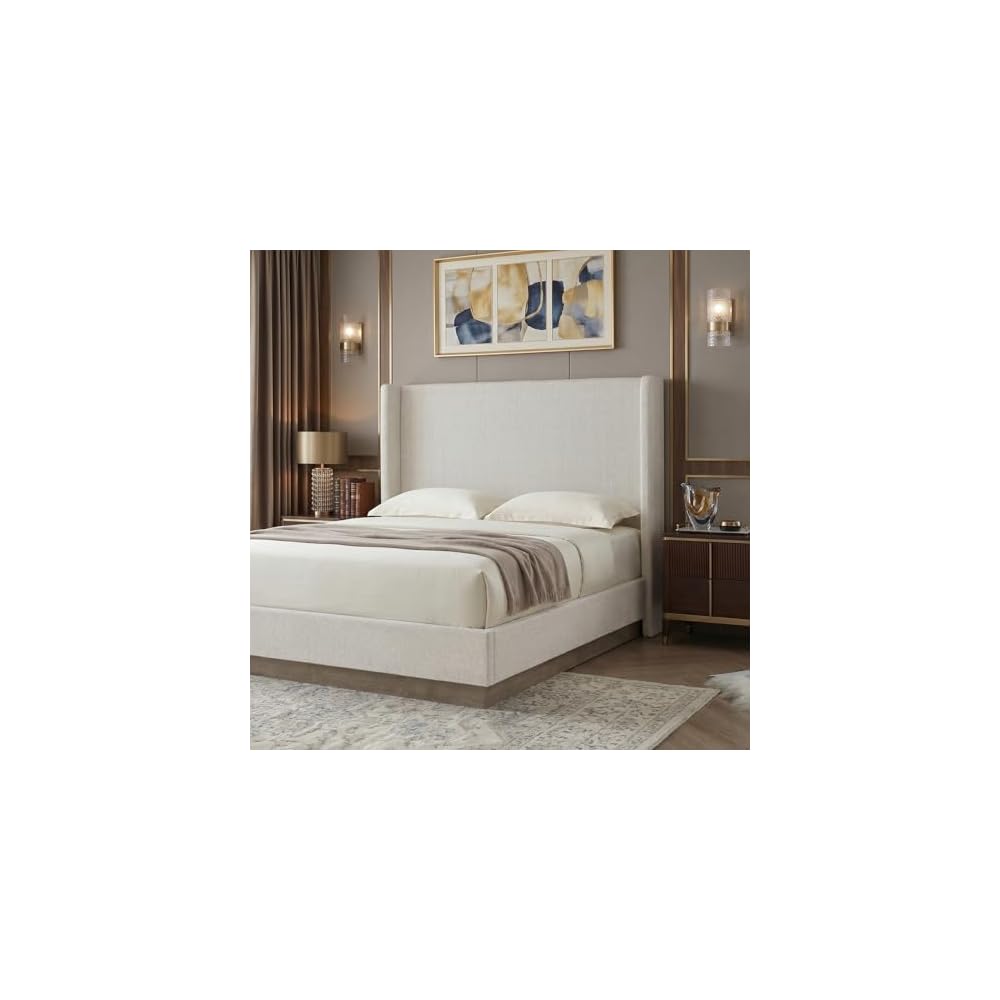 53.1" Extra-Tall Wingback Bed Frame - Luxury Cream White Boucle Upholstered Platform Bed with Gray Oak Wood Base, Heavy Duty 1000lbs, No Box Spring Needed, Noise-Free (Queen)