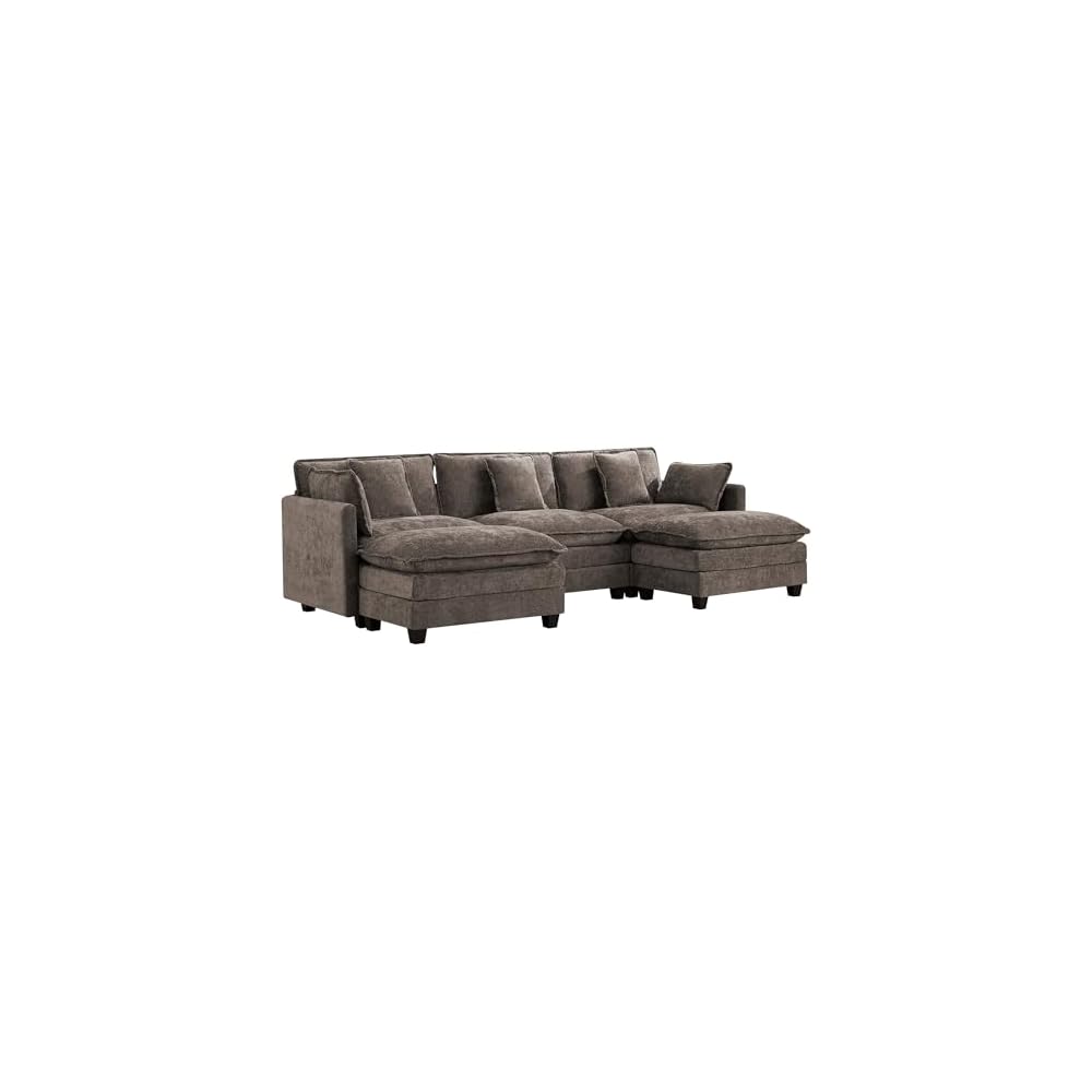 3-Seater Cloud Couch with 2 Ottomans, Oversized Modular Sectional U Shaped Sofa with Deep Seat Cushions, Comfy Chenille Couch for Living Room, Brown