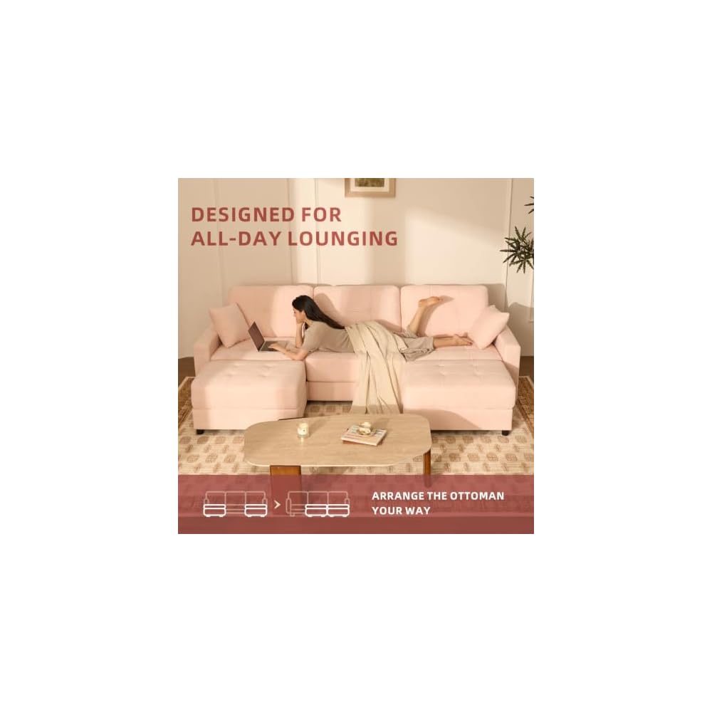 112" U Shaped Modular Cloud Sectional Couch, Waffle Fabric, Pink