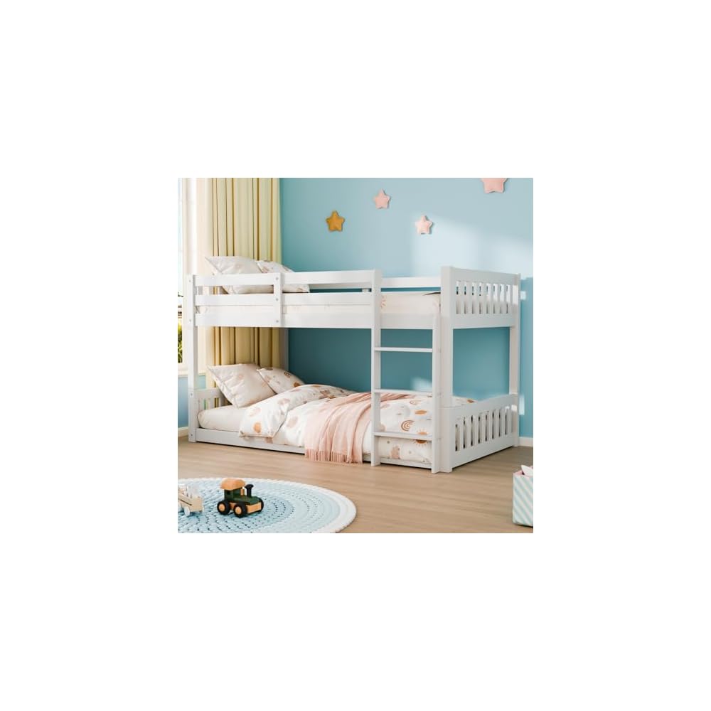 JOYMOR Solid Wood Low Twin Over Twin Bunk Bed for Kids/Junior, Bunk Bed Frame with Guardrails & Ladder for Boys Girls, No Box Spring Needed (White)