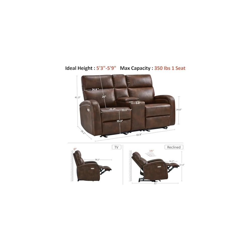 MCombo Zero Wall Recliner Loveseat, 2-Seat Power Wall Hugger Sofa with USB & Type-C Dual Ports, for Small Space Living Room RV, Faux Leather PR646 (Dark Brown, Loveseat with Console)
