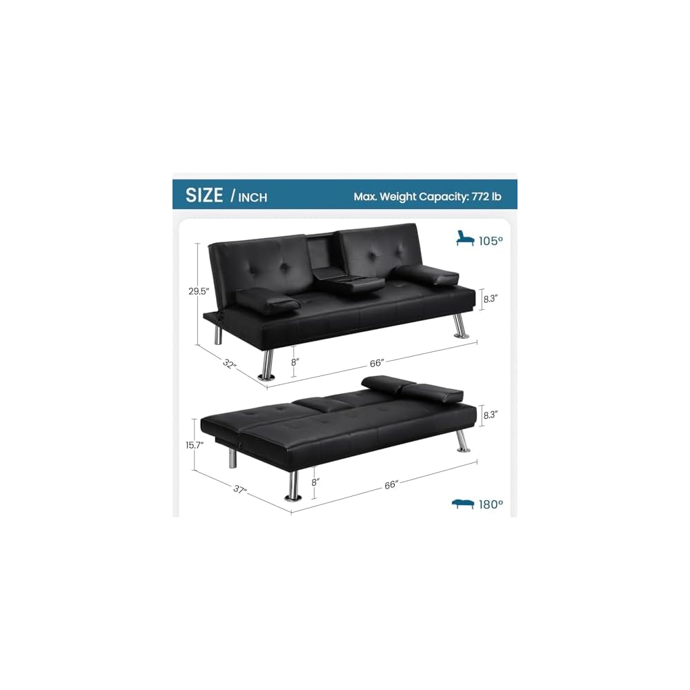 Convertible Folding Futon Sofa Bed with Metal Legs & 2 Cupholders, (Black)