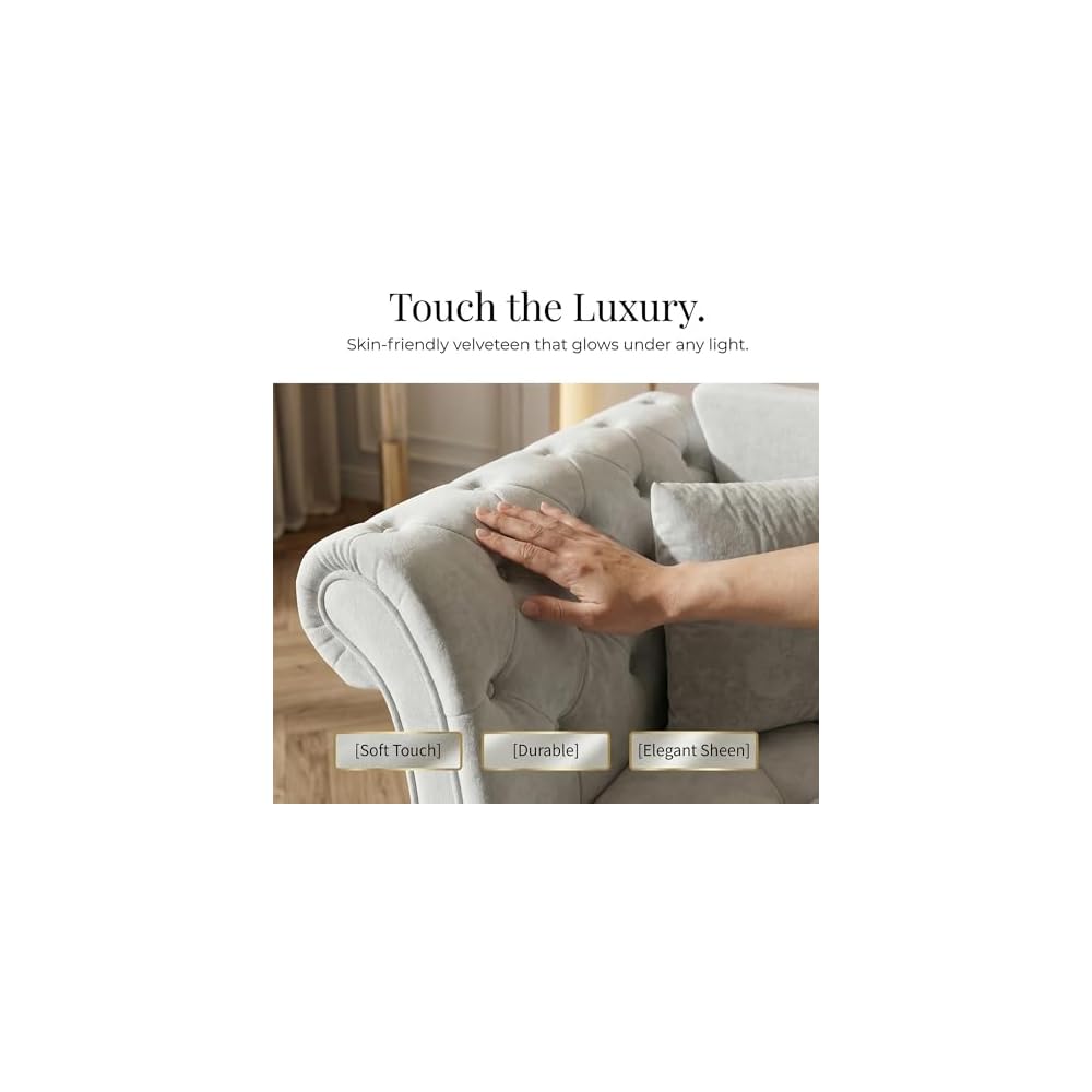 83.8" Queen Size Sleeper sofa bed, 3-in-1 Convertible Oversized Chesterfield Pull Out Couch, Roll Arm Velvet Couch with Flower Tufting, Upholstery for Living Room/Bedroom/Apartment, Light Grey