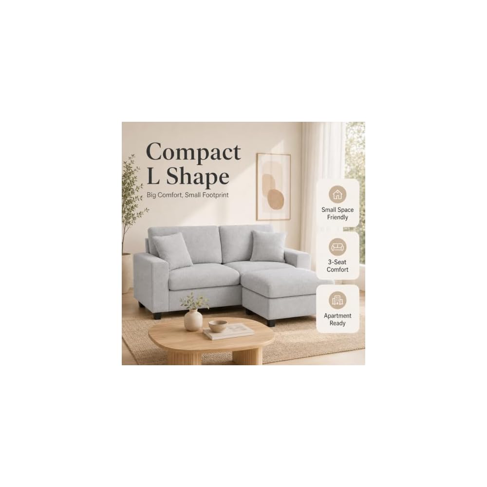 Garvee L Shaped Sectional Sofa with Ottoman, Small Couch for Living Room